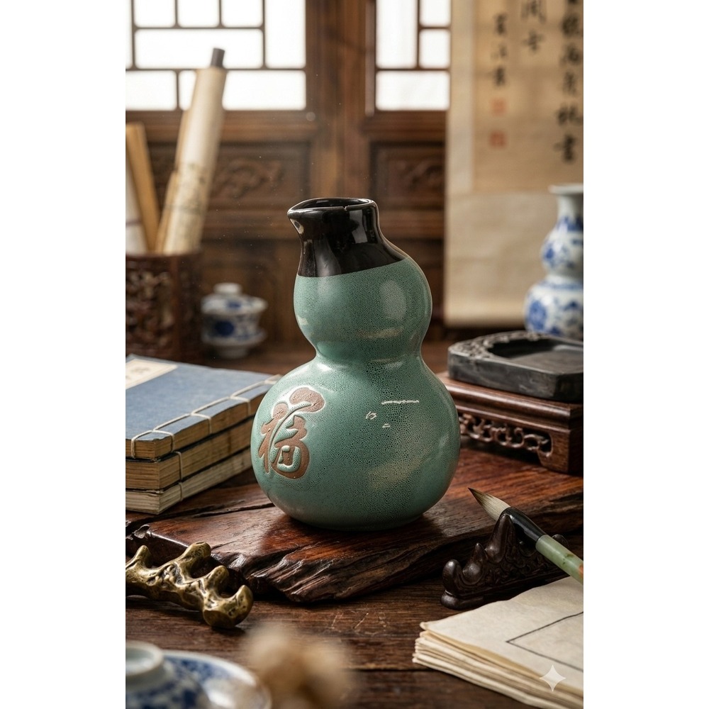 Antique Chinese Double Gourd Vase - Robin's Egg Glaze - Qianlong Seal Mark - Fu